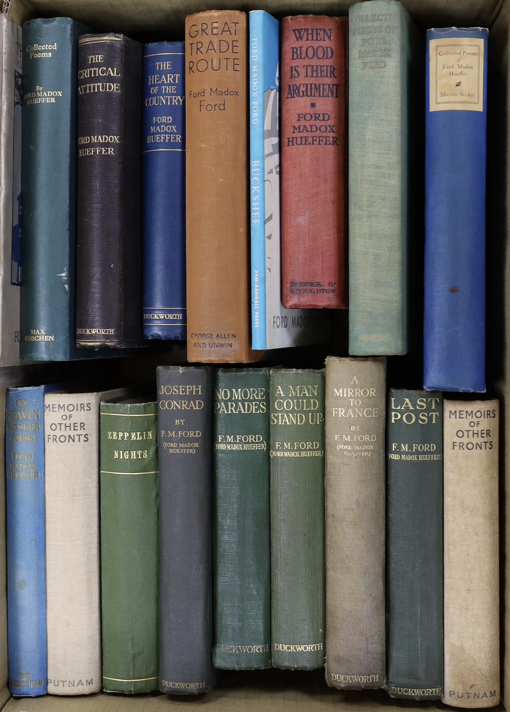 Ford, Madox Ford (Ford Madox Hueffer) - a collection of 18 novels and poems - Songs From London, original teal printed card wrappers, Elkin Mathews, London, 1910; A Critical Attitude, London, 1911; The Heart of the Count